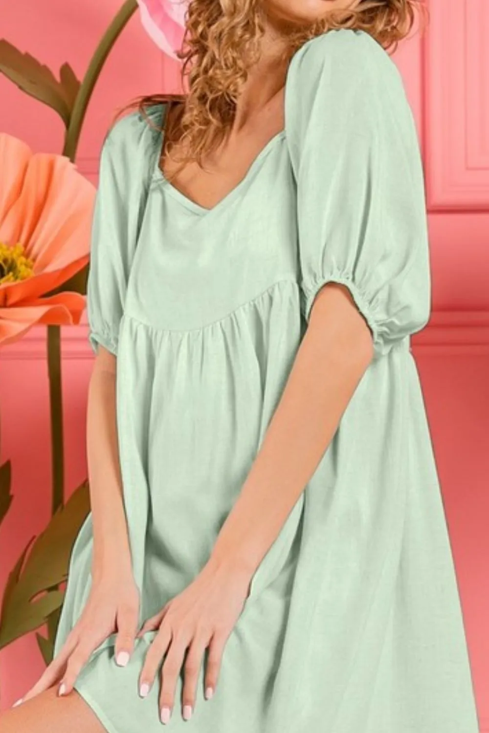 Washed Linen Tiered Midi Dress with Puff Sleeves