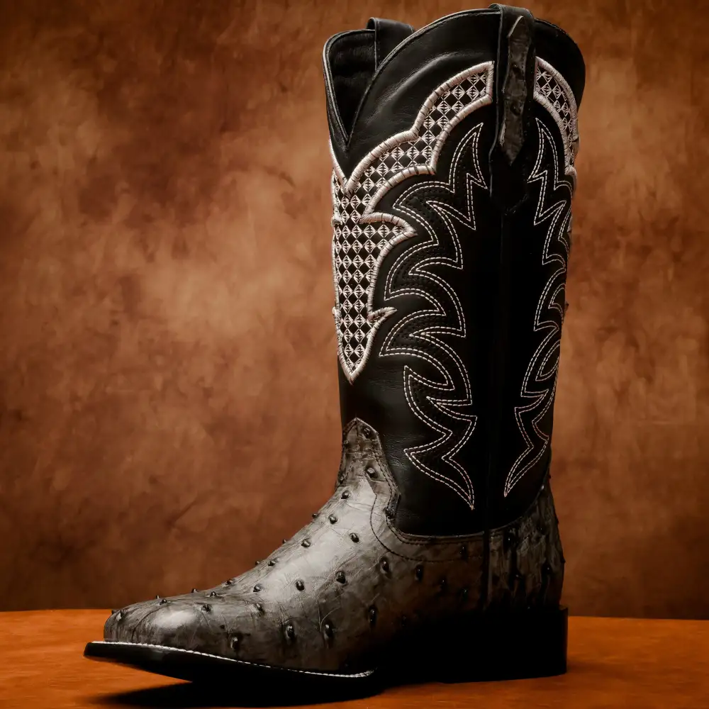 Grey Ostrich Leather Boots - Square Toe