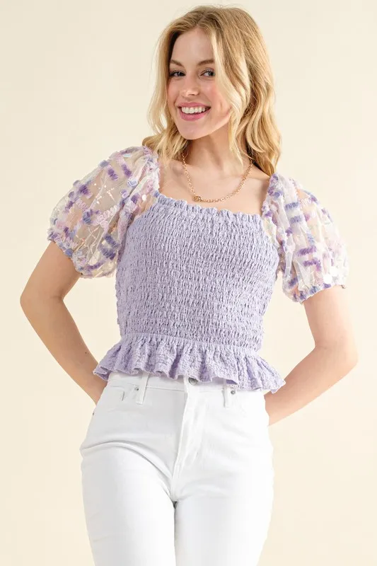 Embellishment Sleeve Smocked Top