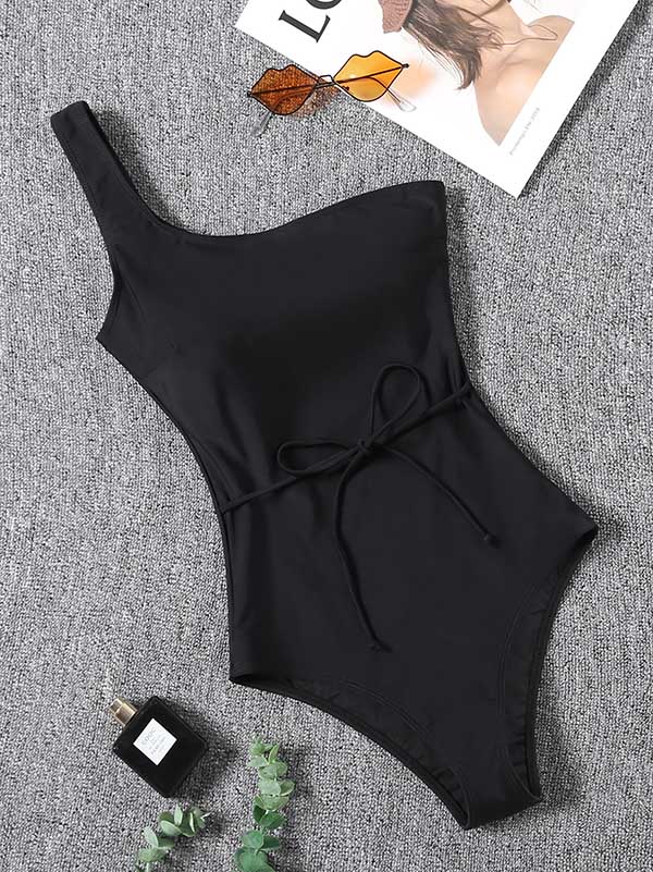 One-Shoulder Belted Chinlon One-Piece Swimwear