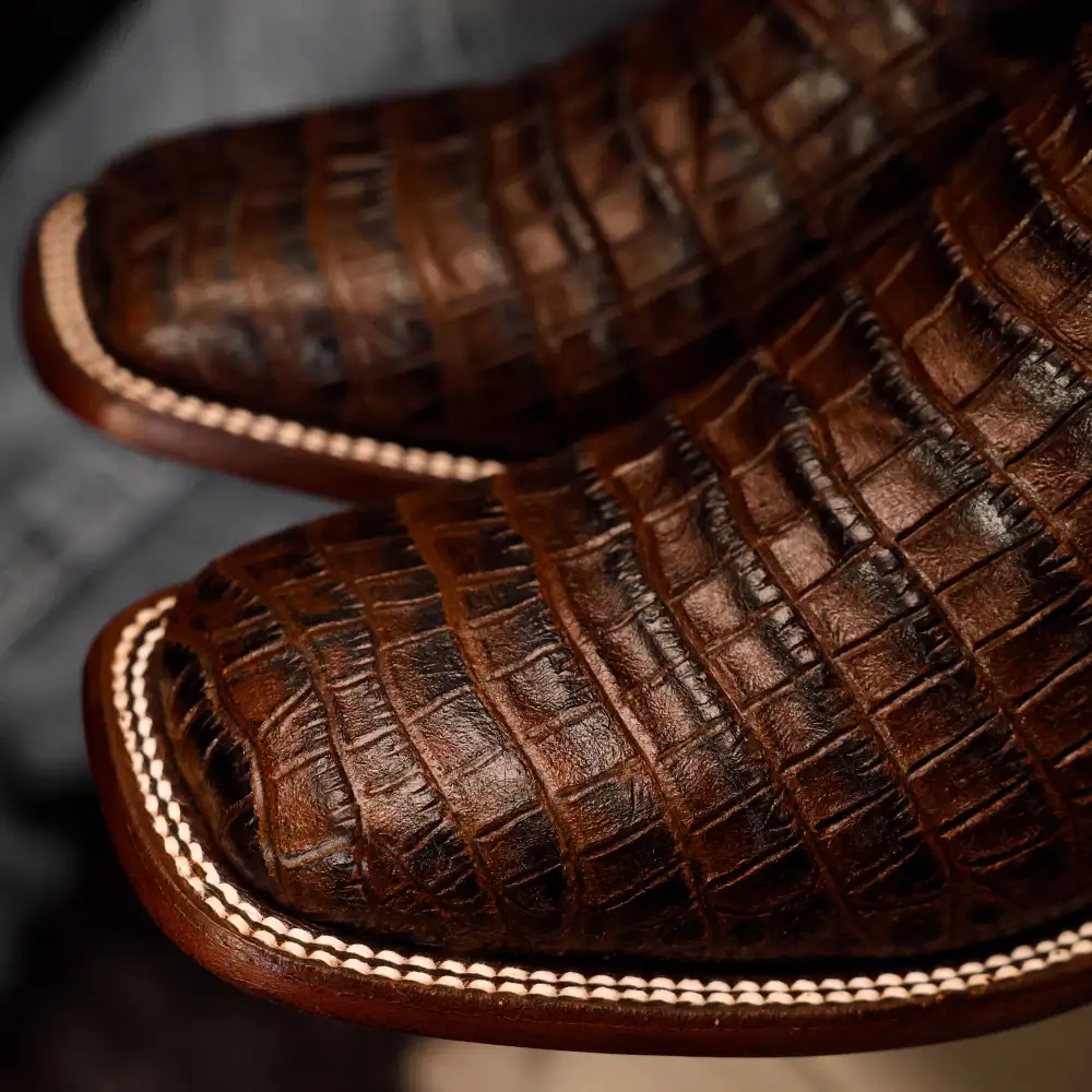 Chocolate Brown Caiman Belly Leather Boots - Square Toe