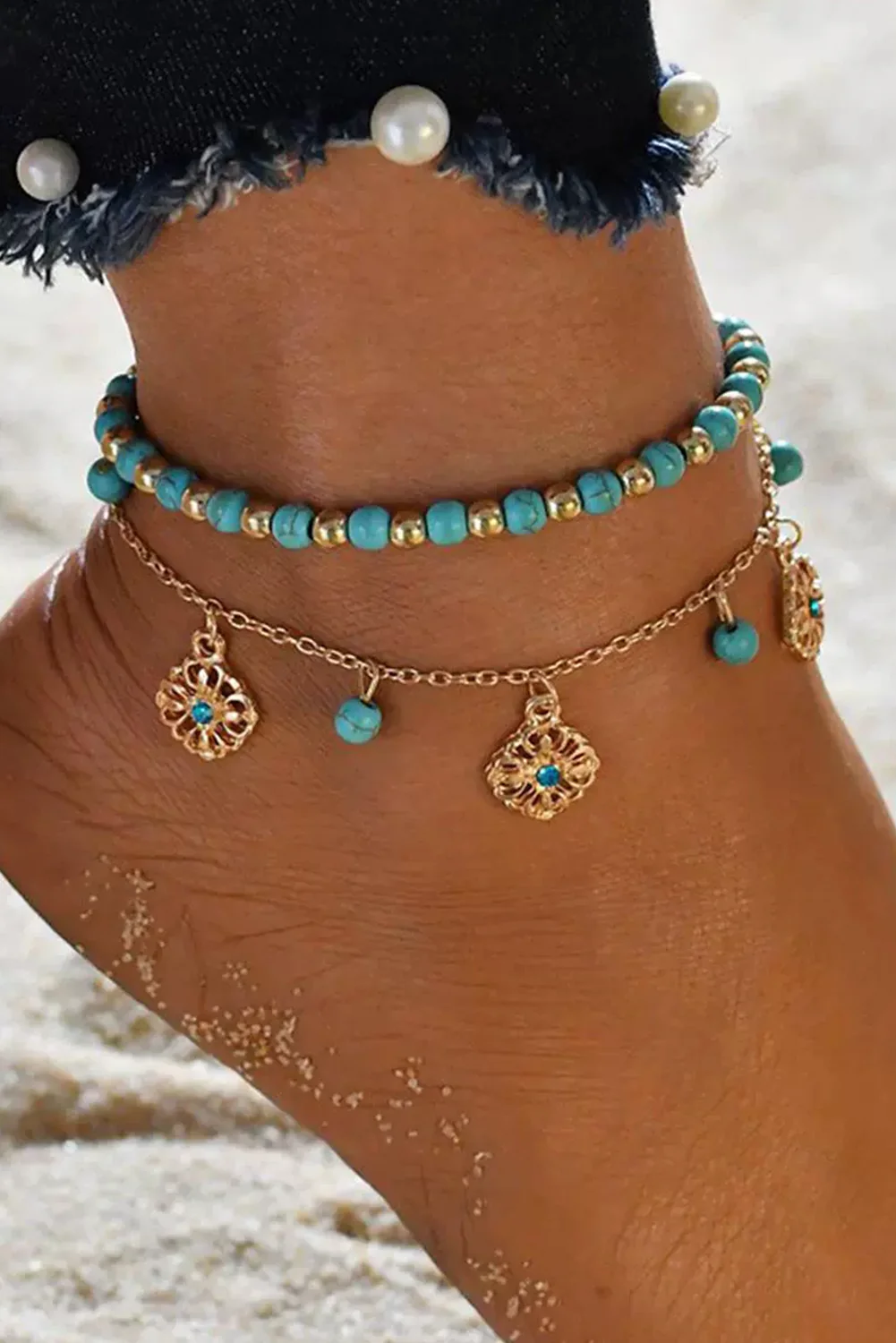 Gold Turquoise Beaded Flower Charm Layered Adjustable Anklet