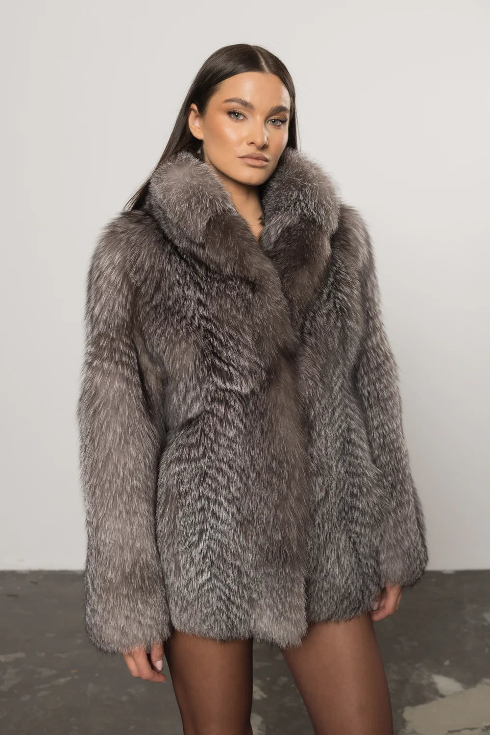 Haină din Blană Naturală de Vulpe Argintie, Femei, Silver Fox 435