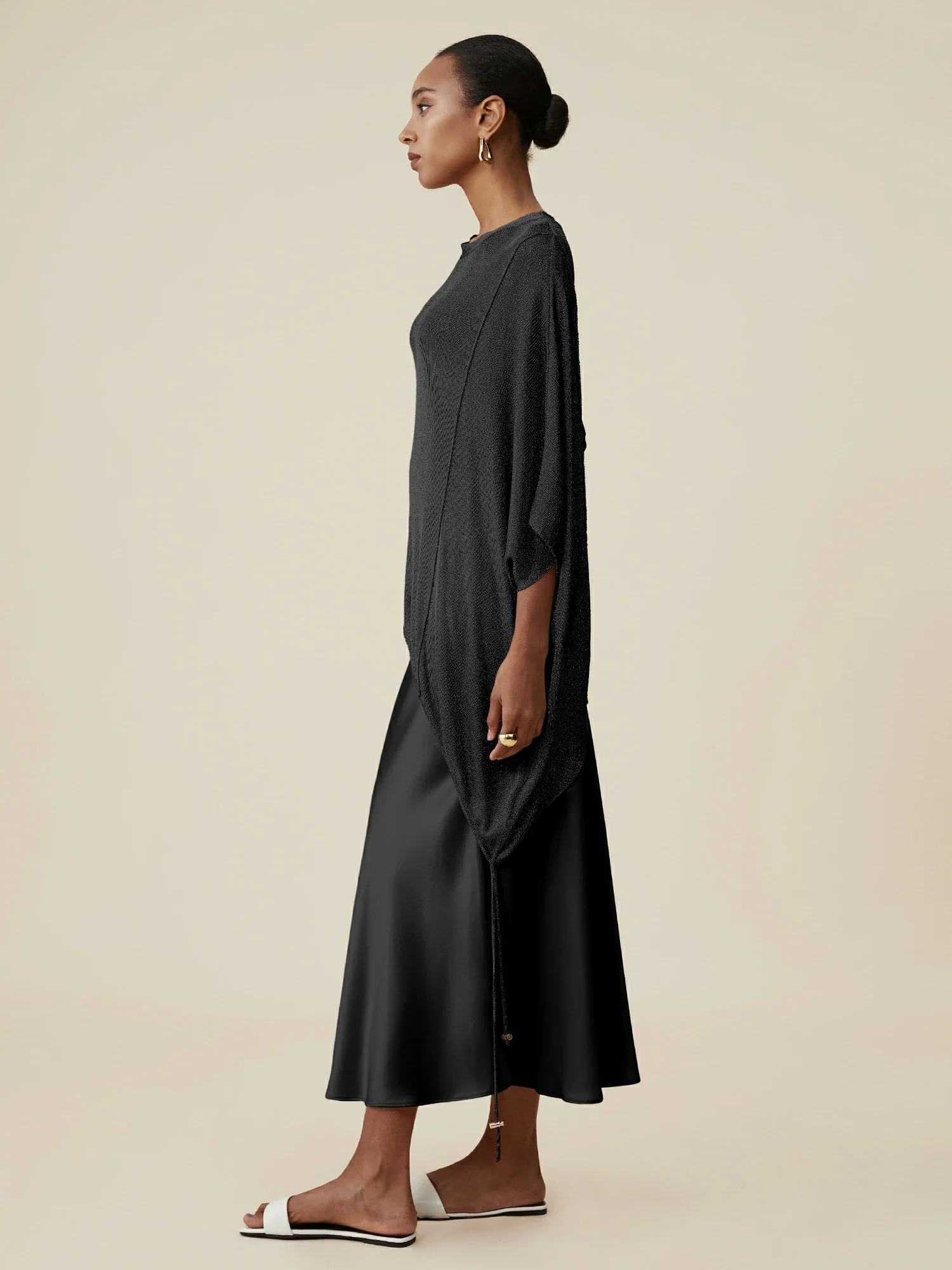 Round Neck Short Sleeve Drawstring Glitter Top