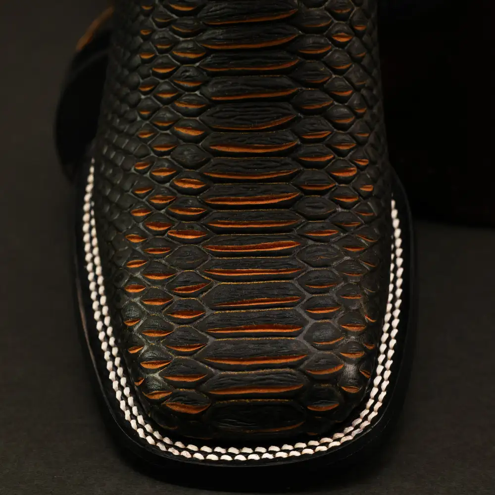 Matte Black Python Leather Boots - Square Toe