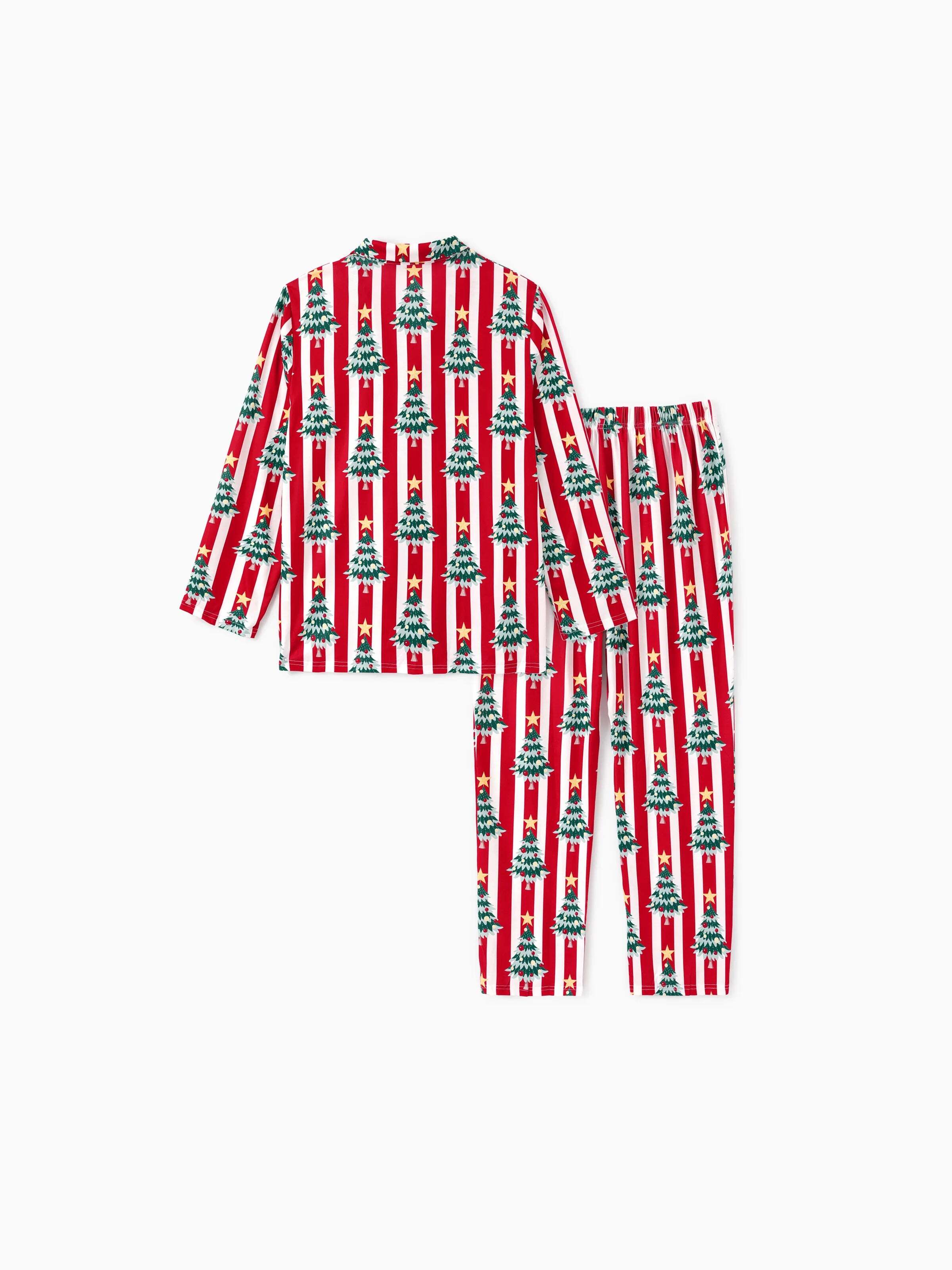 Christmas Family Matching Trees Print Stripes Long-sleeve Pajamas Sets with Christmas Socks Red