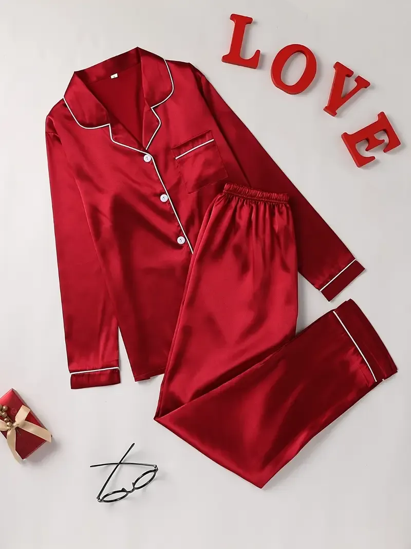 Solid Pajama Set, Long Sleeve Button Up Lapel Top & Pants Pj Set - Women's Sleepwear & Loungewear
