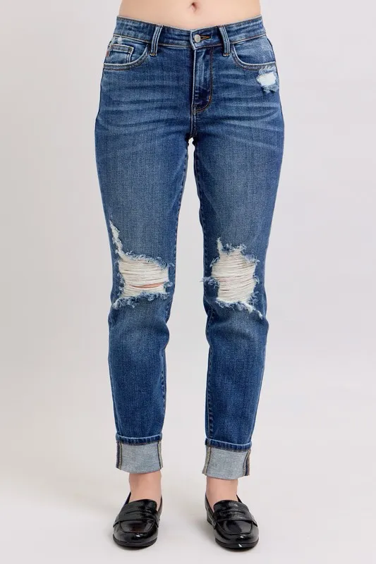 Blue Full Size Midi Rise Boyfriend destroy Jeans with Yoke Pockets and Faux Selvedge Cuff Plus Size