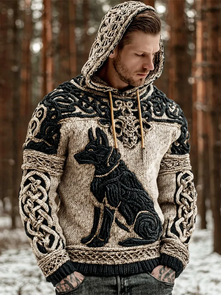 Vintage Celtic Mythology Hellhound Men's Hooded Knit Sweater