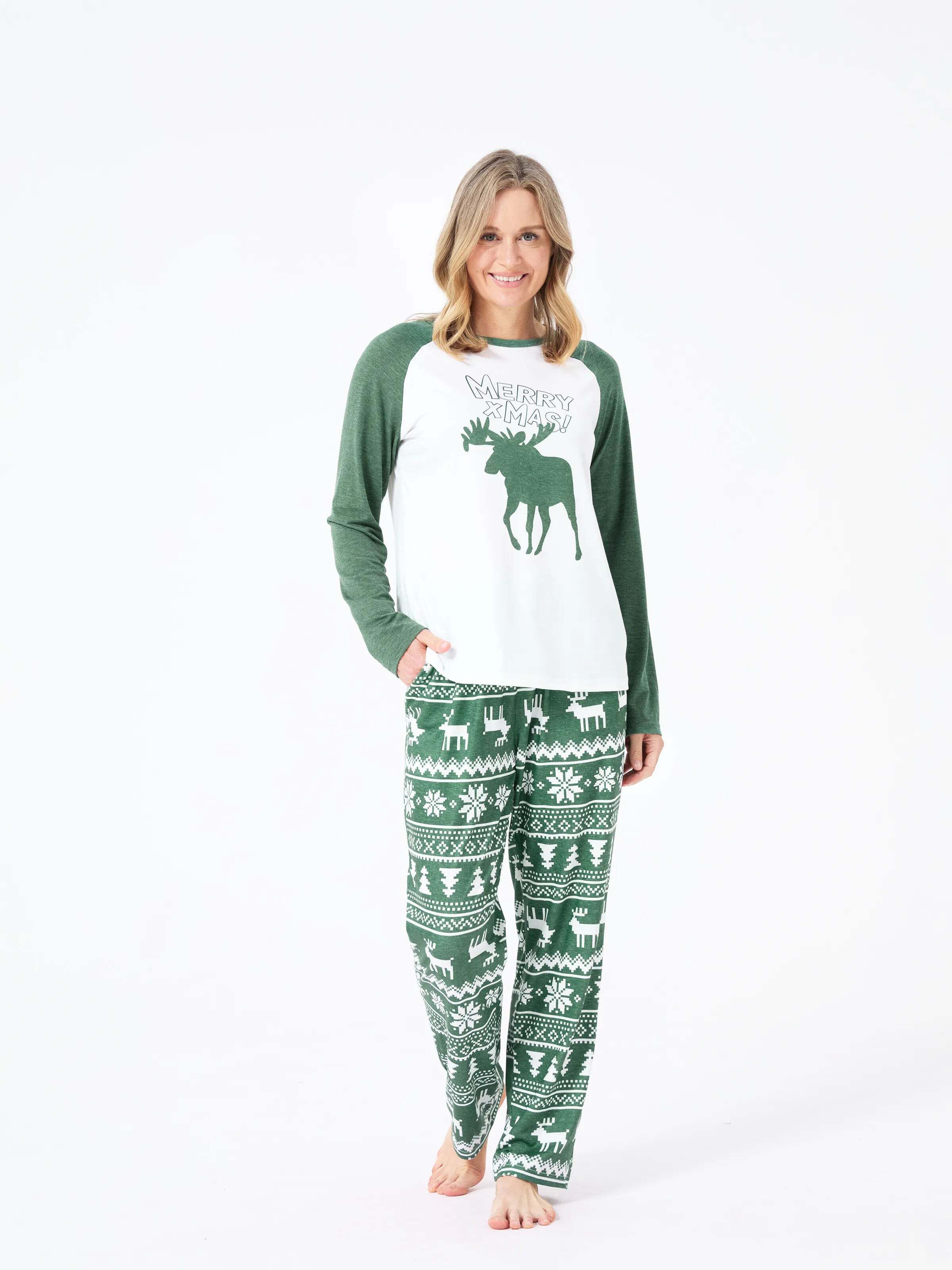 Christmas Matching Family Pajamas Set Reindeer and Snowflake Green Print PJS with Christmas Socks Dark Green