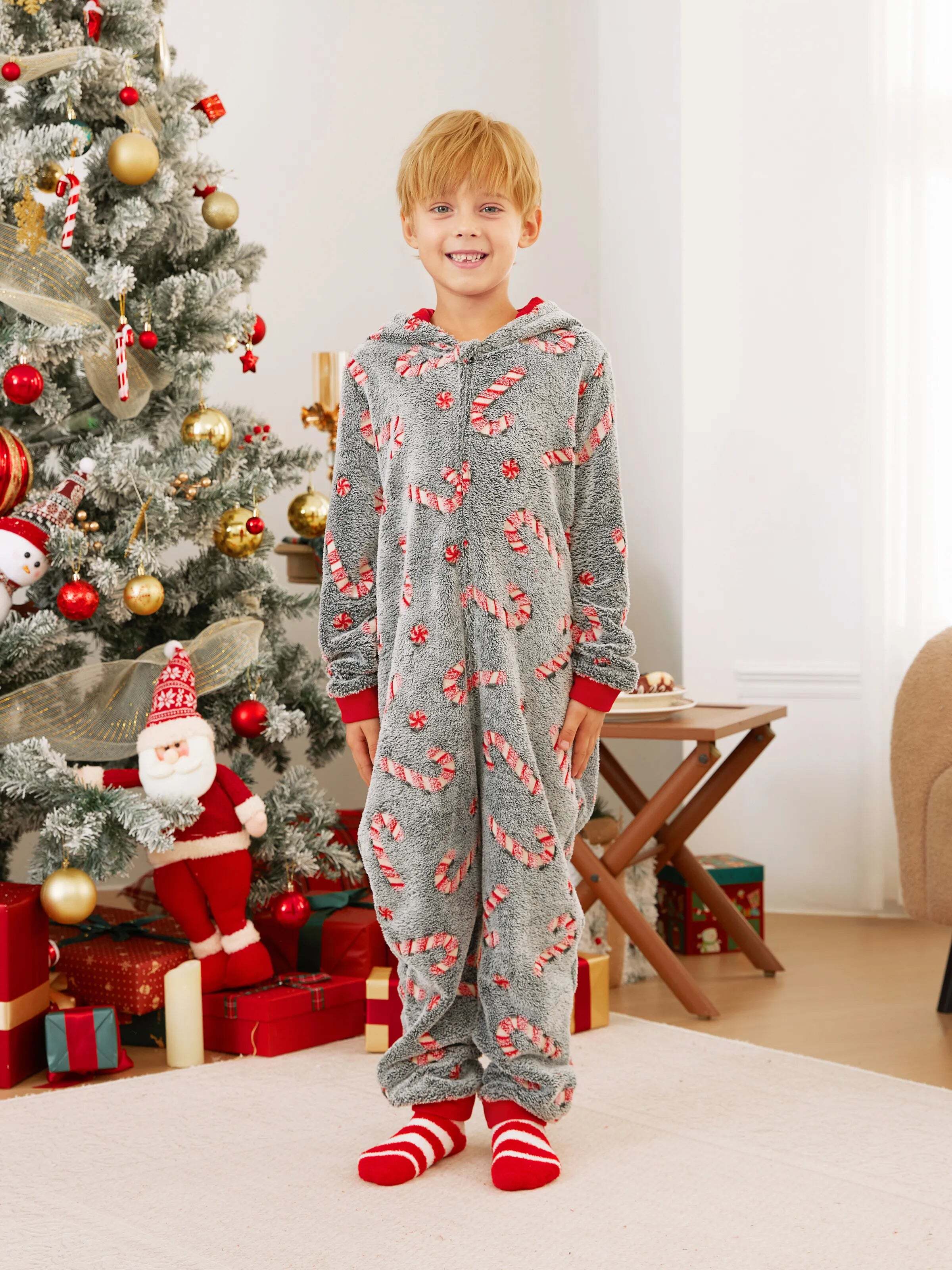 Onesies Pajamas Matching Christmas Outfits Candy Cane Pattern (Glow in the Dark) with Christmas Socks Black