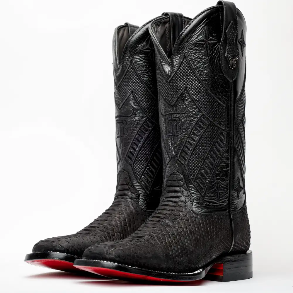 Matte Black Python Leather Boots - Square Toe