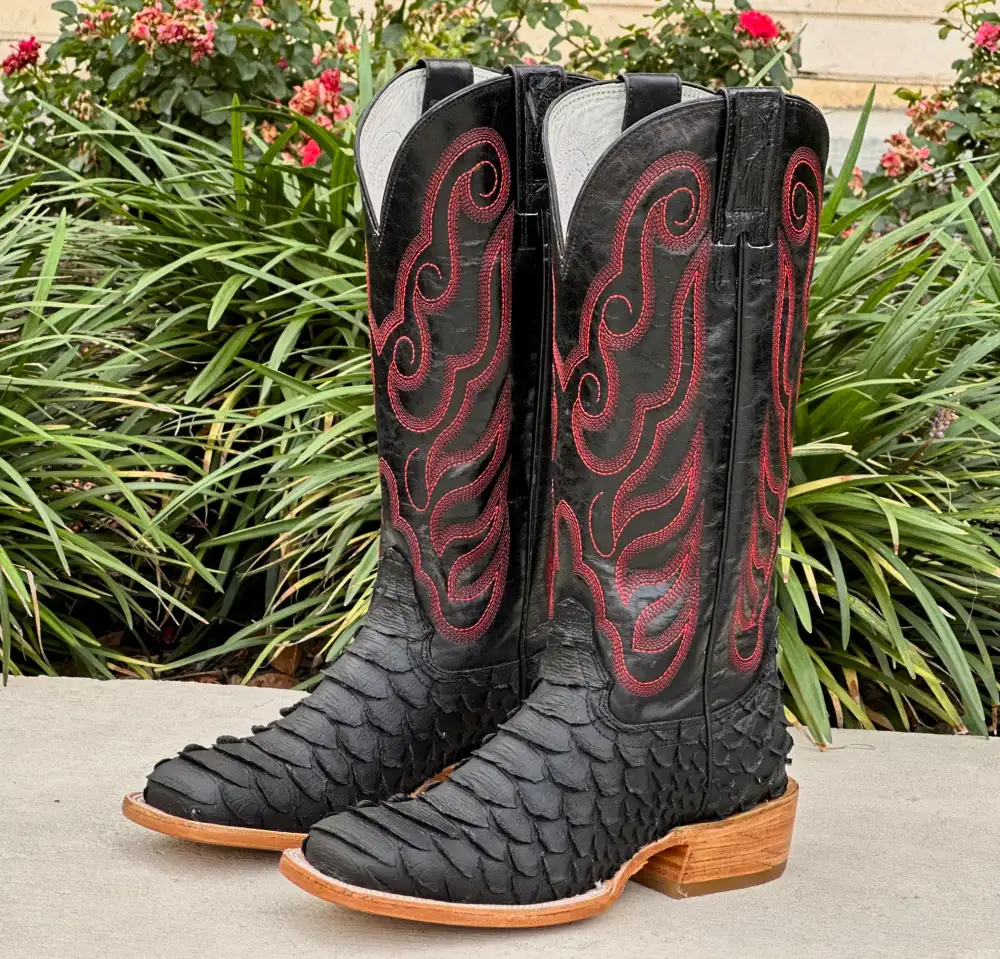 Mens Black Matte Python Leather Boots With Black Shaft