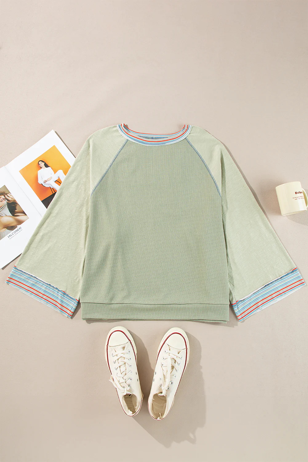 Meadow Mist Waffle Knit Wide Bracelet Sleeve Patchwork Raglan Top