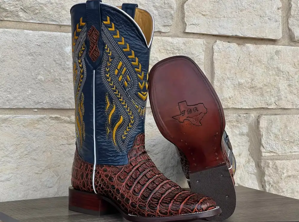 Men’s Cognac Crocodile Hornback Leather Boots With Blue Shaft