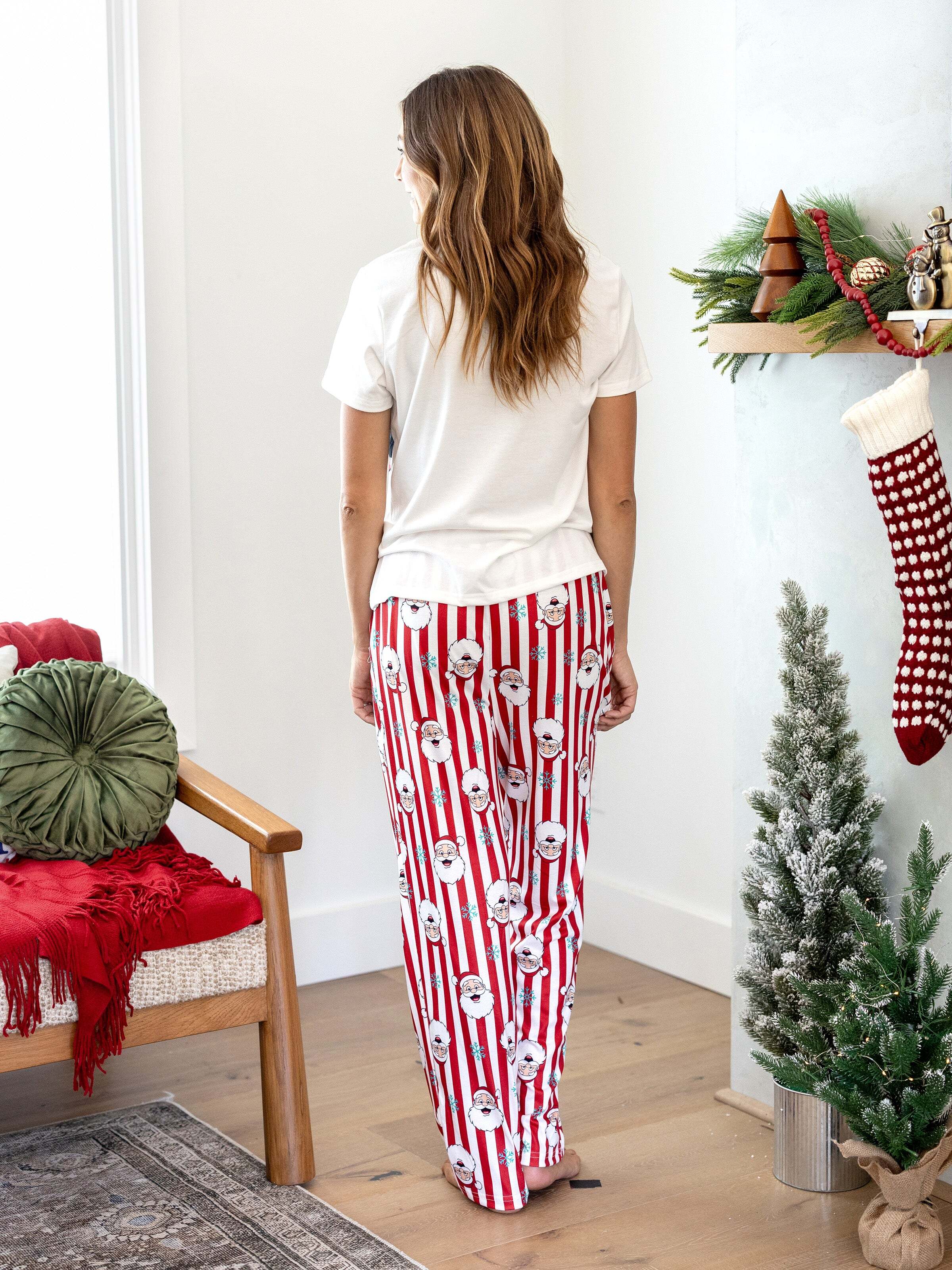 Christmas Matching Family Pajamas Set Santa Claus and Snowflakes Red Stripes PJS Red