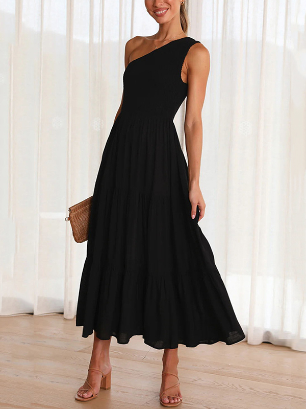 Pleated Solid Color Loose One-shoulder Midi Dresses