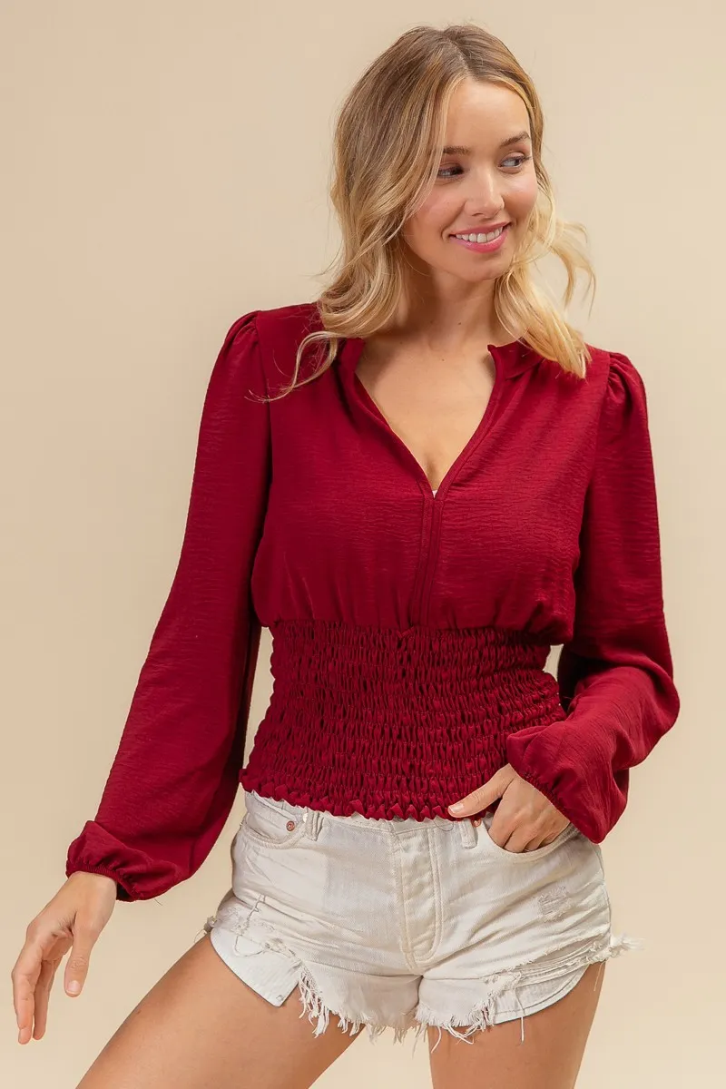 Smoking Waist Band and Puff Sleeves Deep V Neck Top