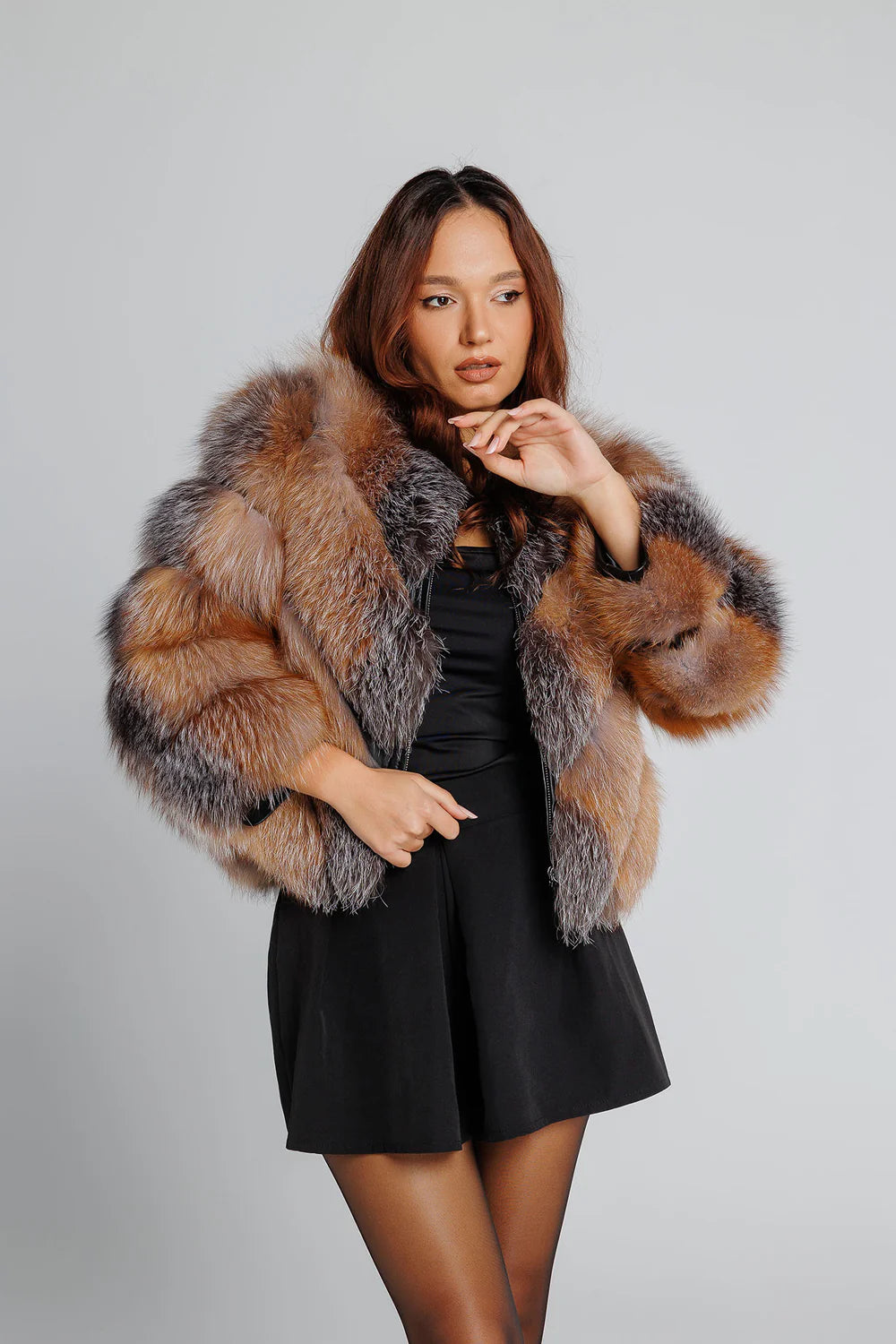 Haină din Blană Naturală de Vulpe Argintie, V Model, Transformabilă, Femei, Brown Frost 350