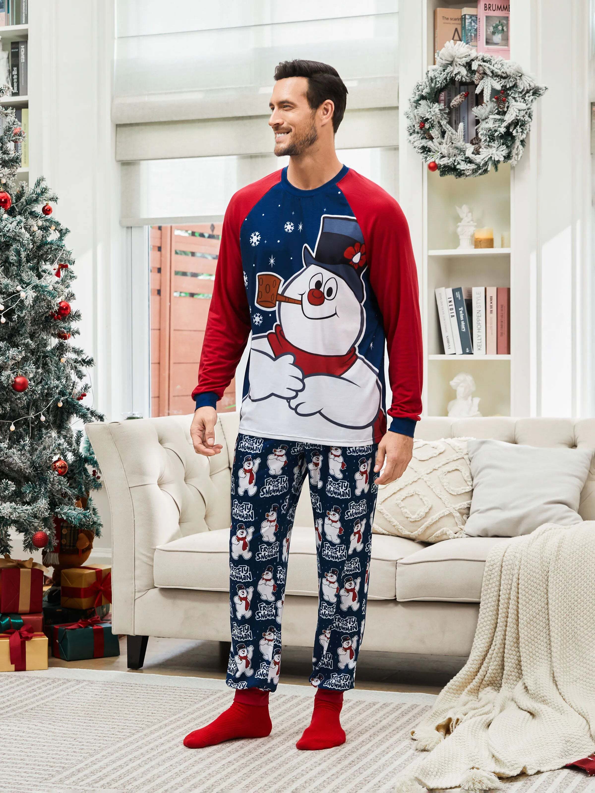 Frosty The Snowman Christmas Family Matching Color-block Pajamas Sets with Christmas Socks