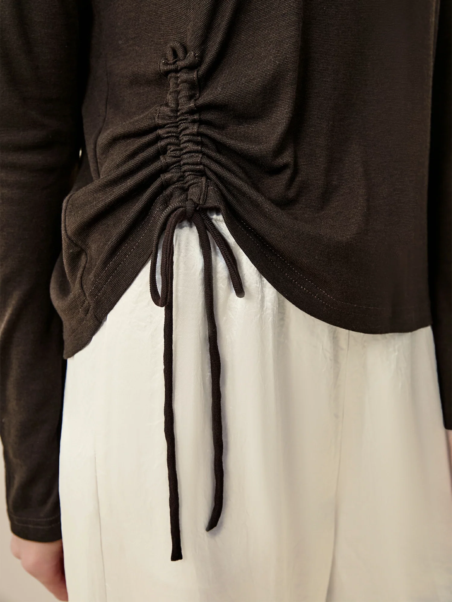 Lyocell & Wool Round Neck Long Sleeve Drawstring T-Shirt