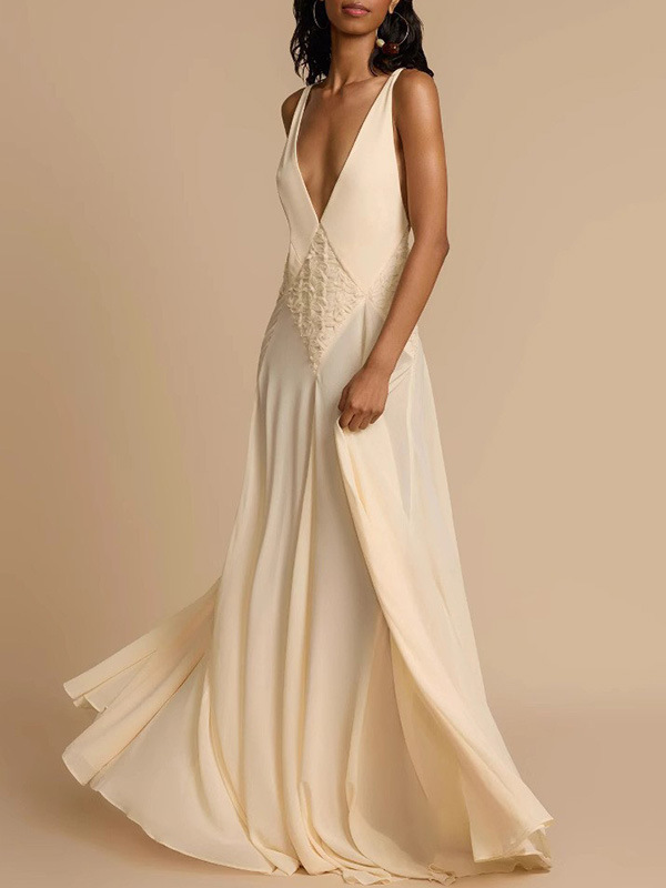 Lace Patchwork Solid Color Sleeveless V-Neck Elegant Chiffon Maxi Dresses