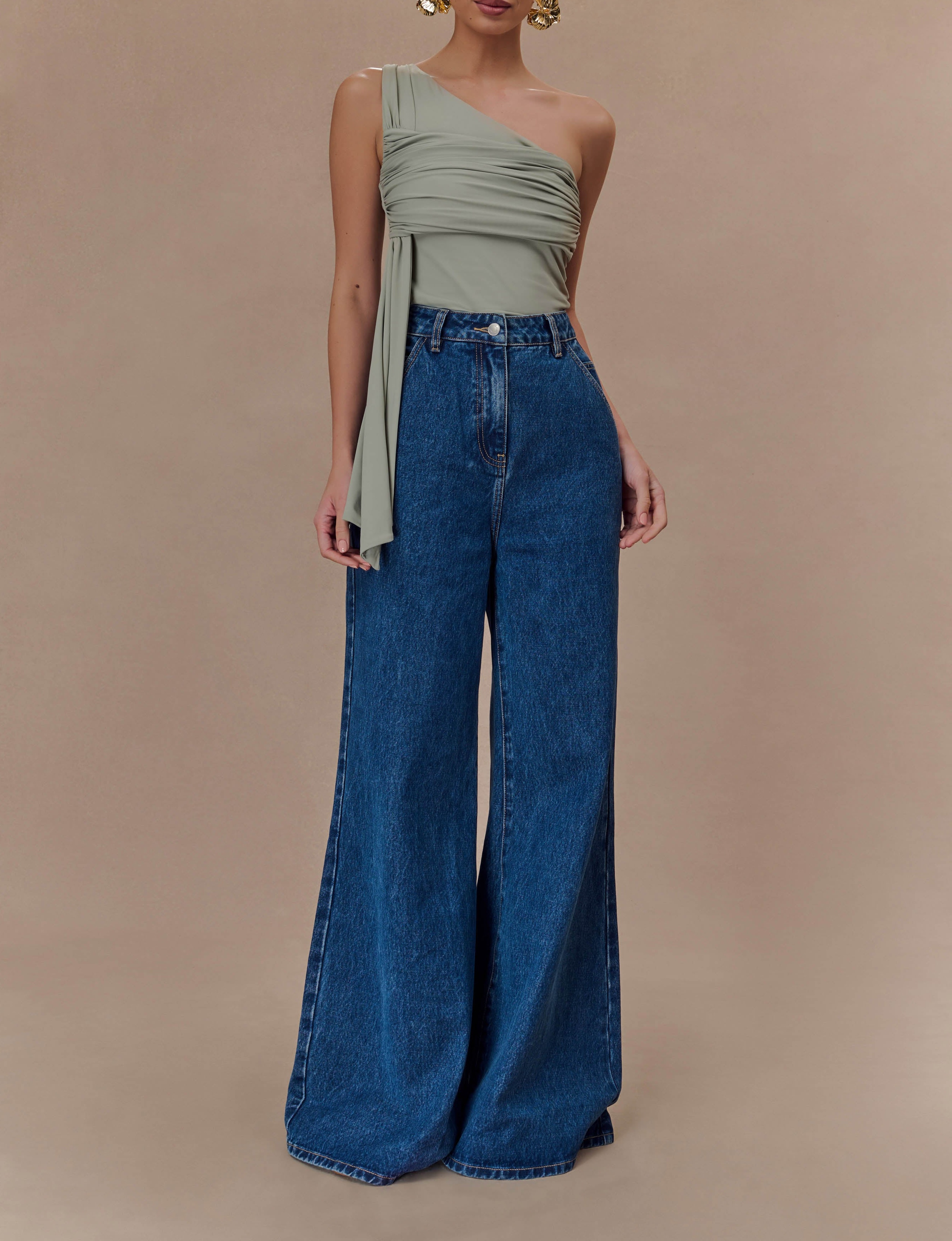 Basil One Shoulder Recycled Nylon Top With Drape