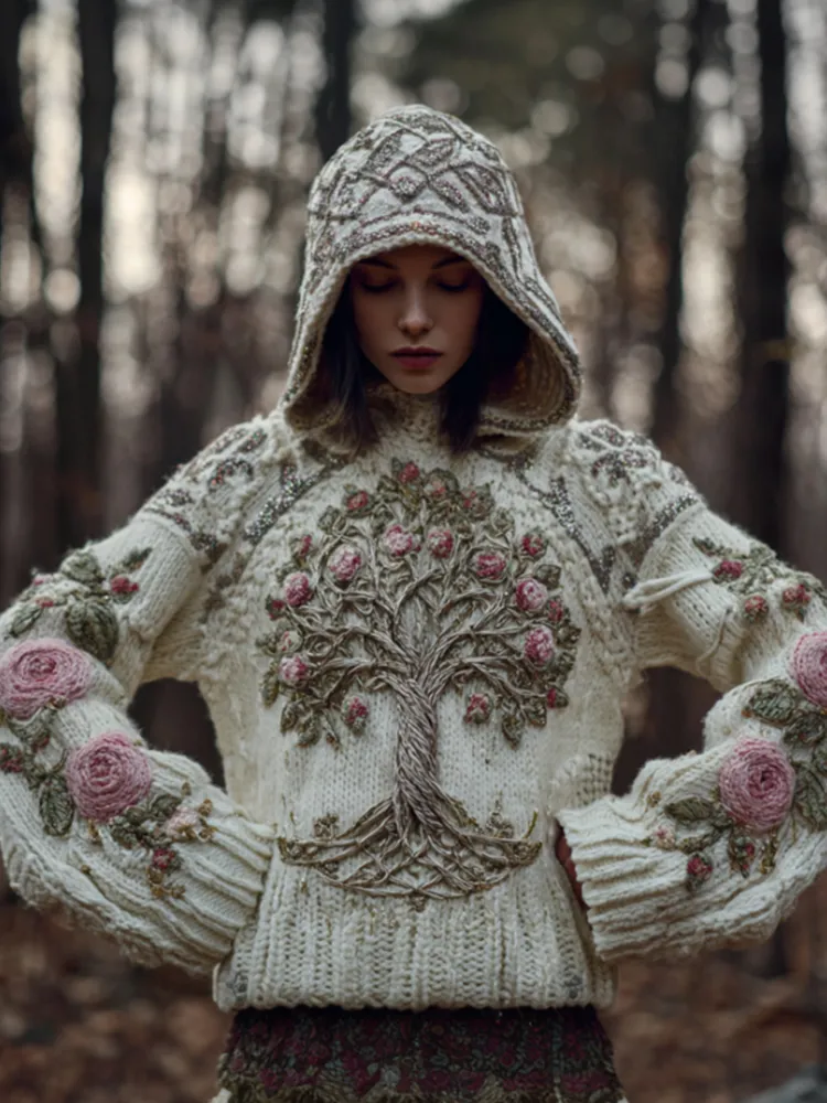 Women's Viking Style Tree Of Life And Rose Retro Warm Hooded Sweater