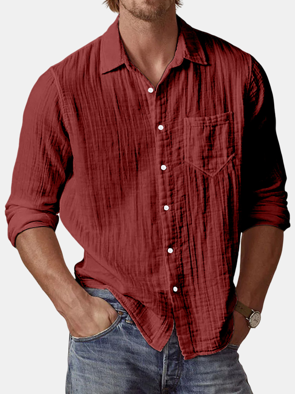 Men's Casual Textured Solid Color Comfortable Puff Wrinkle Long Sleeve Shirt