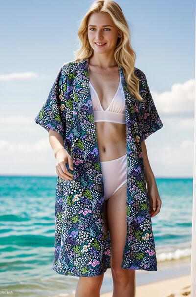 Full Size Half Sleeve Floral Open Cardigan Plus Size