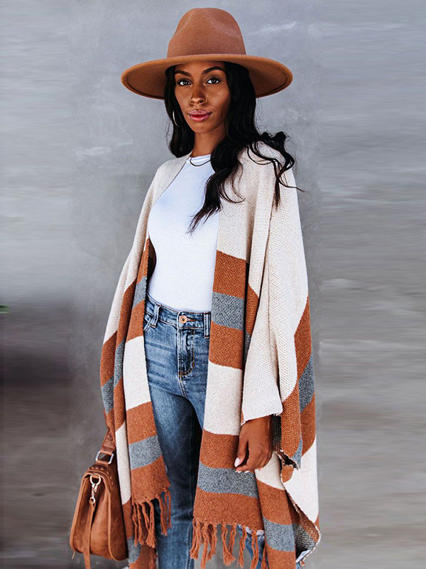 Original Striped Tasseled Shawl&Cloak