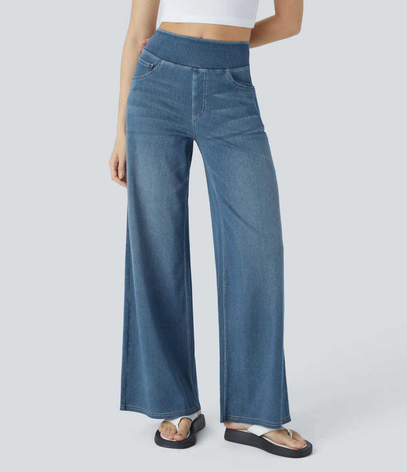 High Waisted Pockets Baggy Wide Leg Washed Casual Jeans