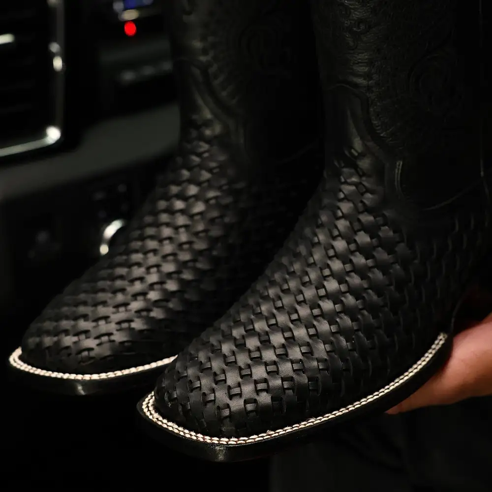 Black Basketweave Leather Boots - Square Toe