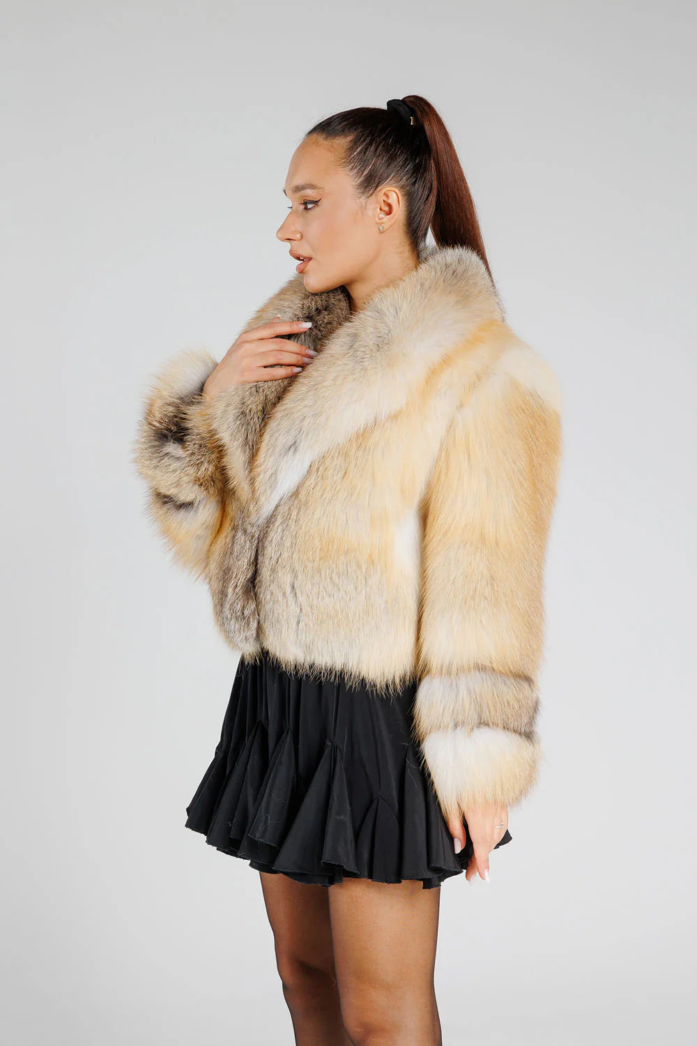 Haină din Blană Naturală de Vulpe, cu Guler Rever, Femei, Gold Frost 382