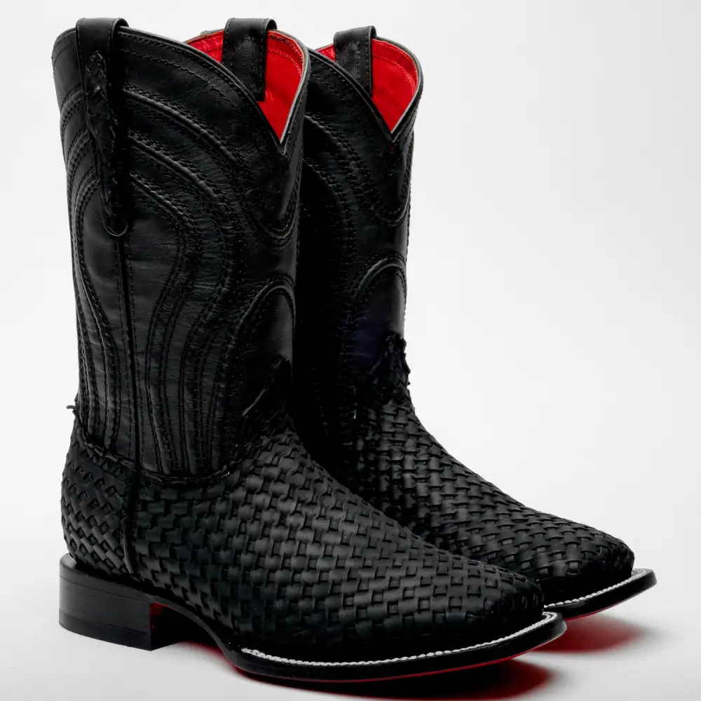 Black Basketweave Leather Boots - Square Toe
