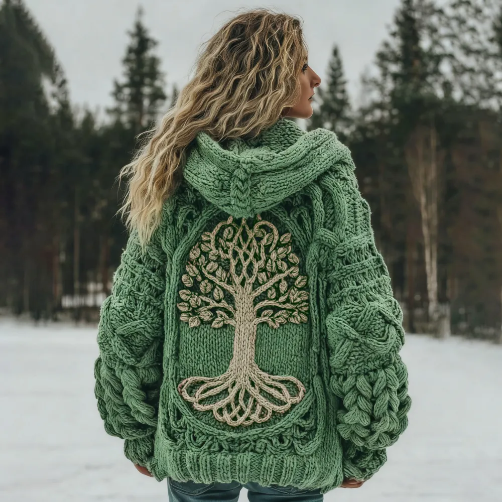 Women's Vintage Viking Tree Of Life Cozy Knit Hooded Sweater