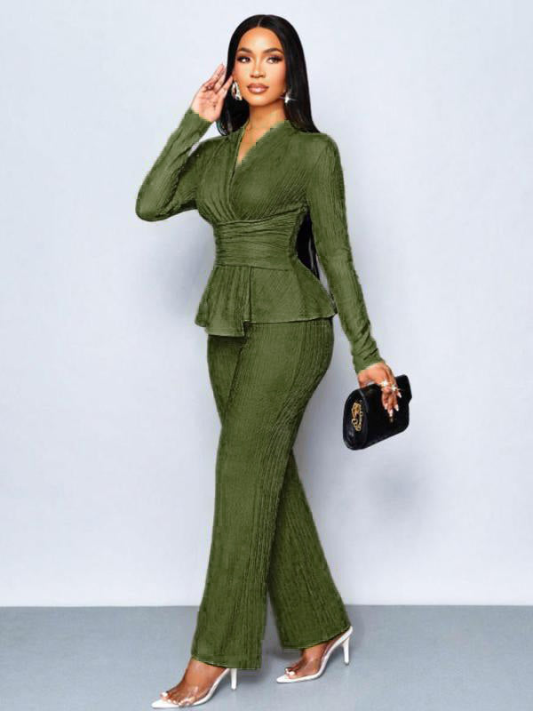 Women’s Elegant Apricot Two-Piece Set – V-Neck Top & Wide Leg Pants