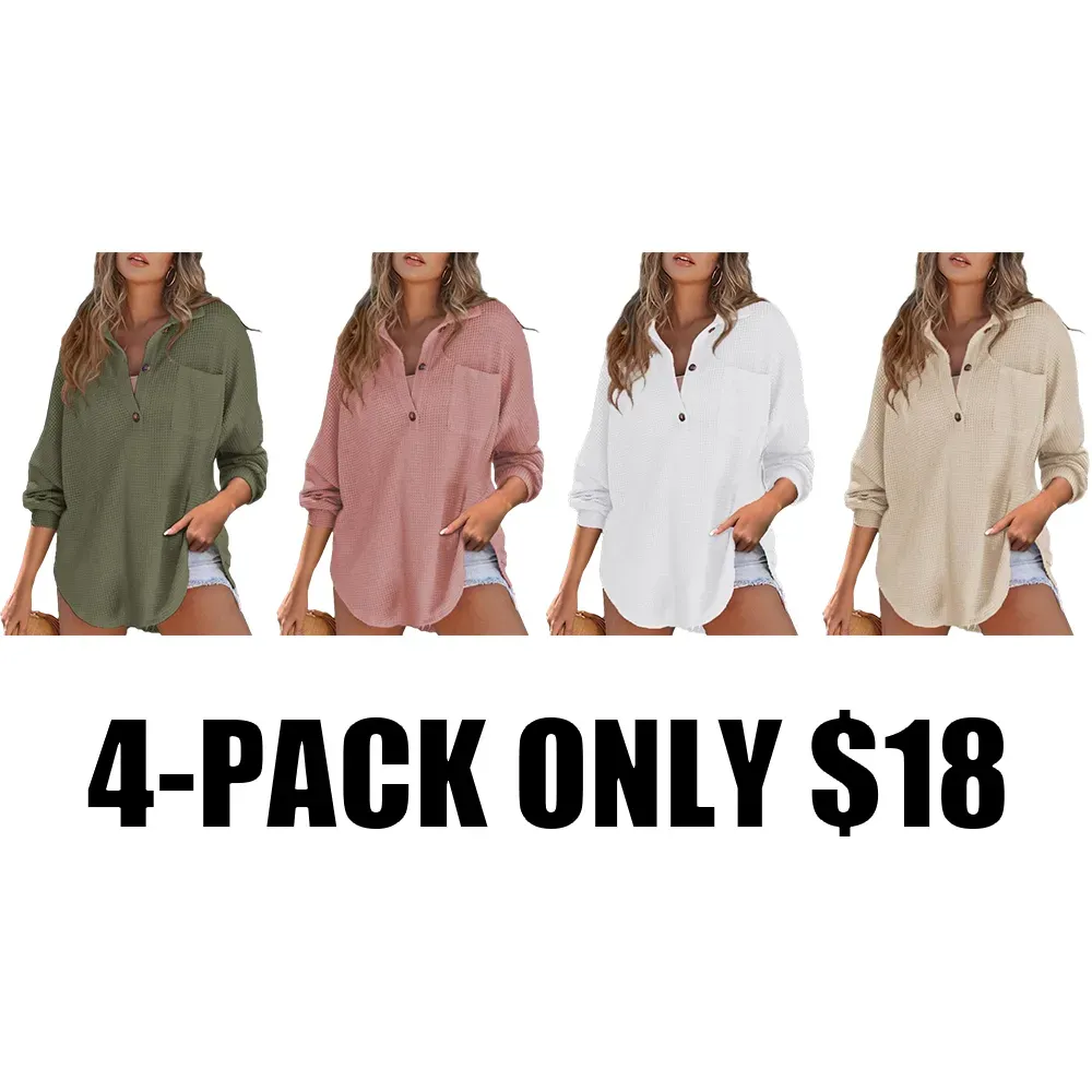 Women's Waffle Henley Shirt Tops