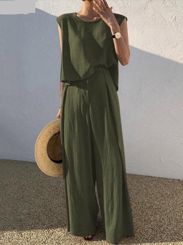 Crew Neck Plain Street Regular Fit Two-Piece Set