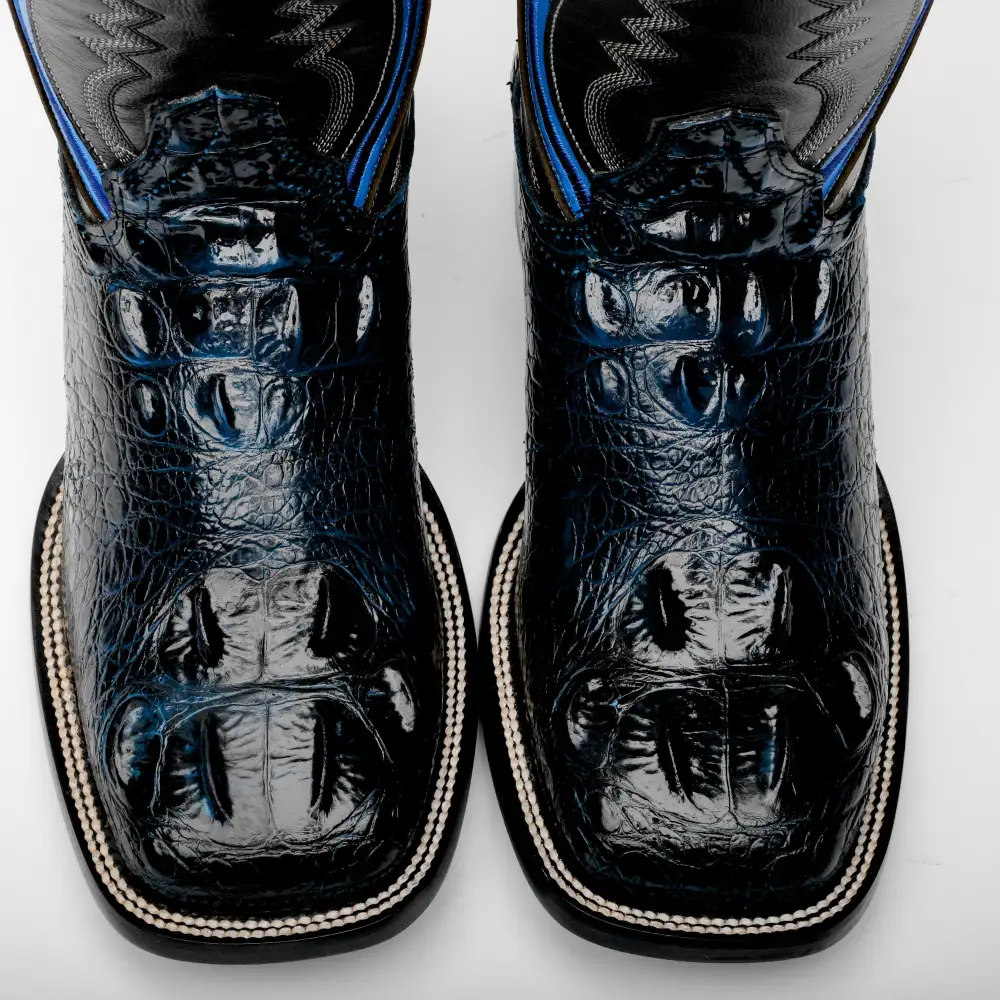 Midnight Blue Giant Caiman Hornback Leather Boots - Square Toe
