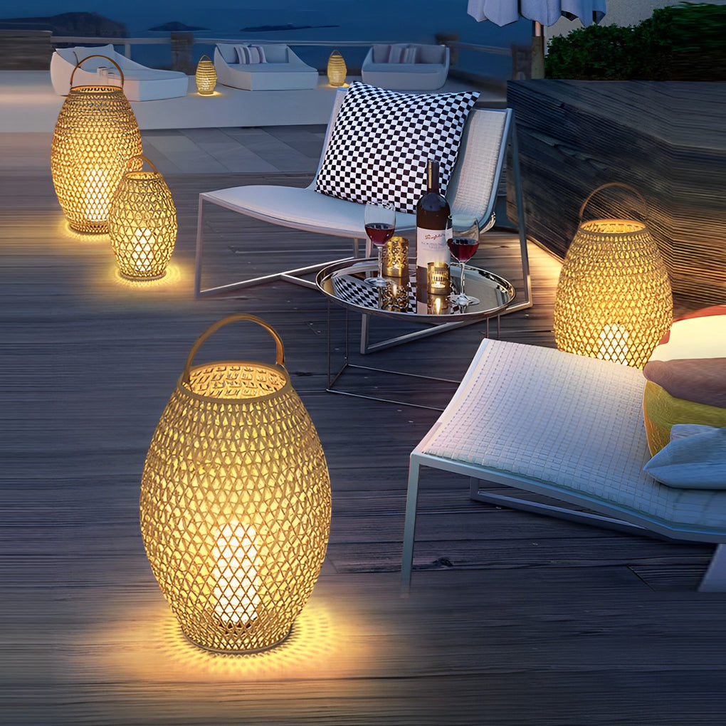 Portable Bamboo Rattan Lanterns Shape Waterproof LED Modern Lawn Light