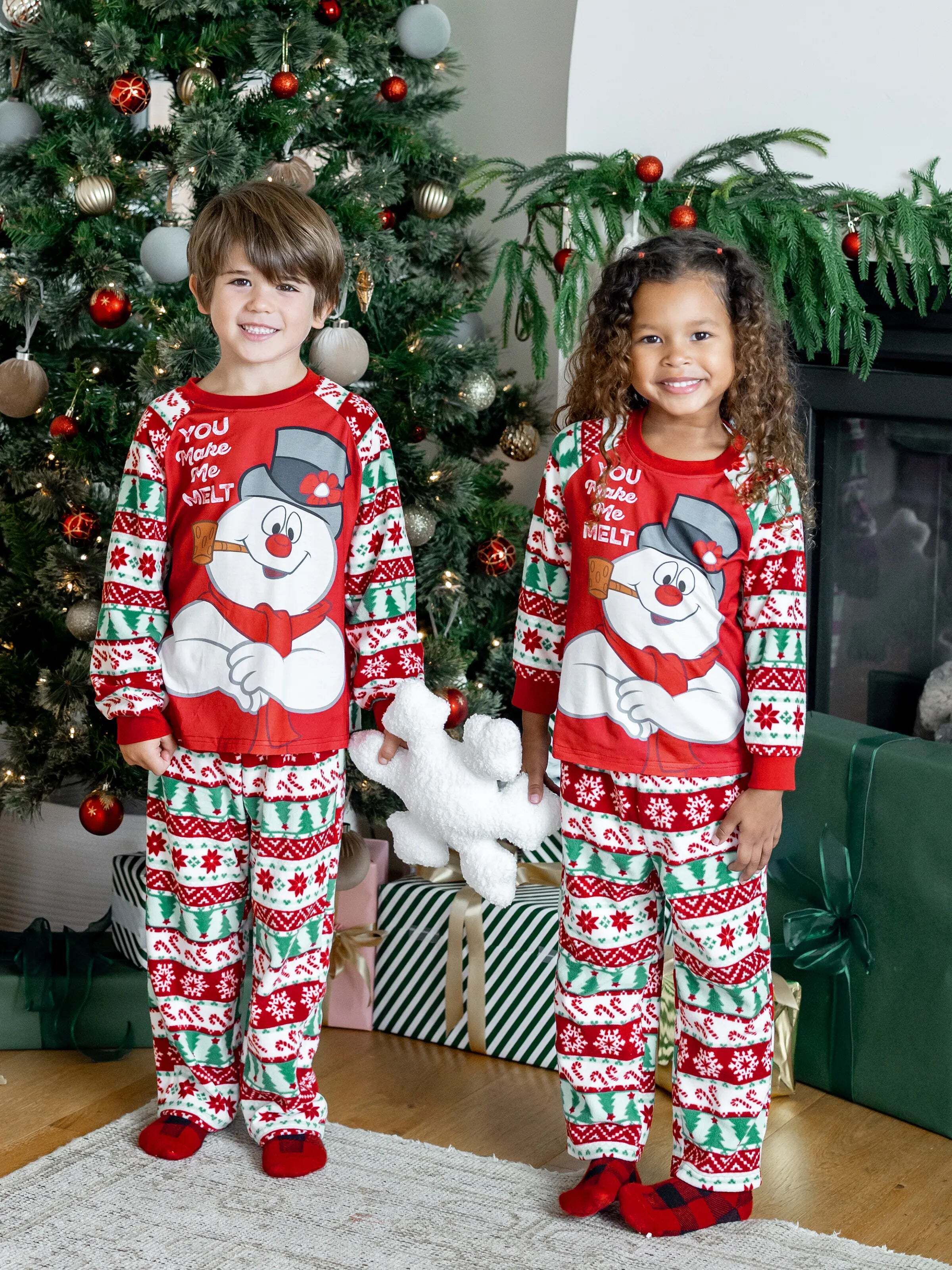 Frosty the Snowman Christmas Family Matching Fair Isle Pattern Polar Fleece Pajamas Set Red