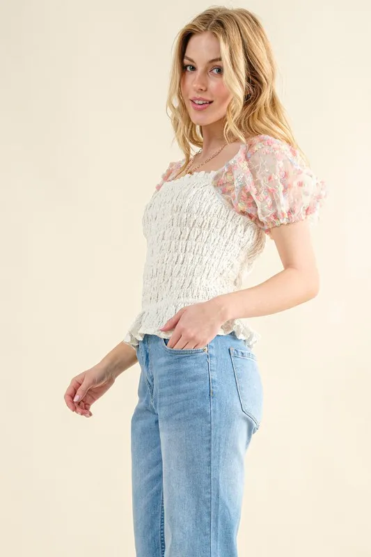 Embellishment Sleeve Smocked Top