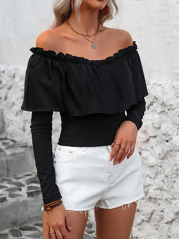Pleated Solid Color Split-Joint Long Sleeves Skinny Off-the-shoulder T-Shirts Tops