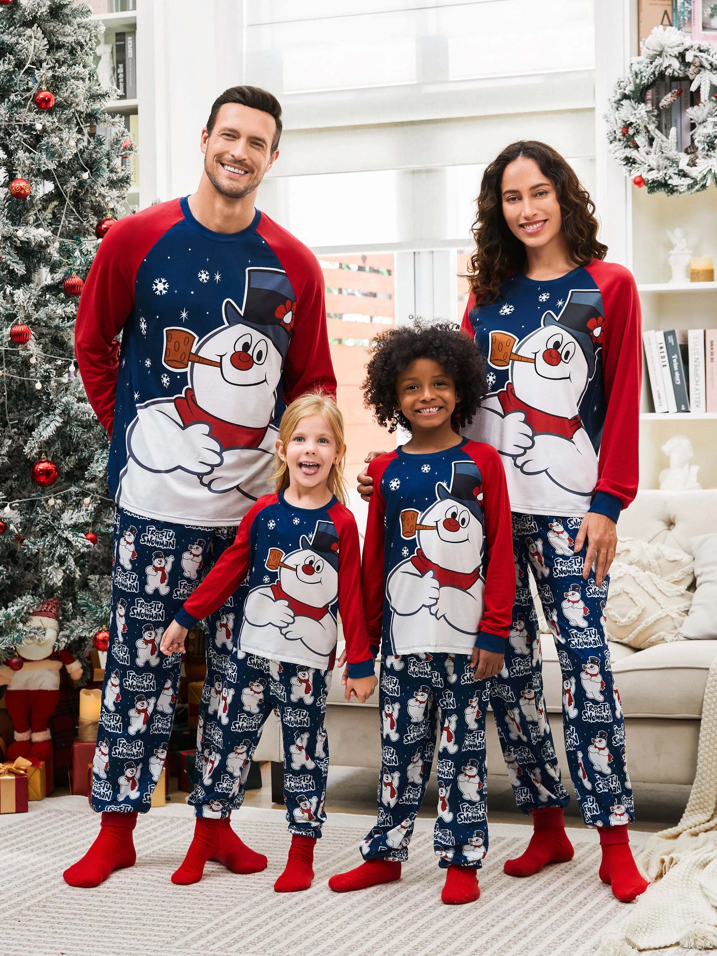 Frosty The Snowman Christmas Family Matching Color-block Pajamas Sets with Christmas Socks