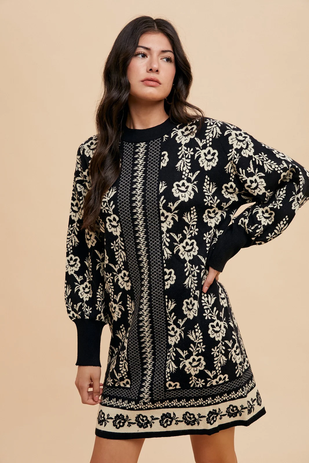 Wear Floral Jacquard Round Neck Sweater Dress