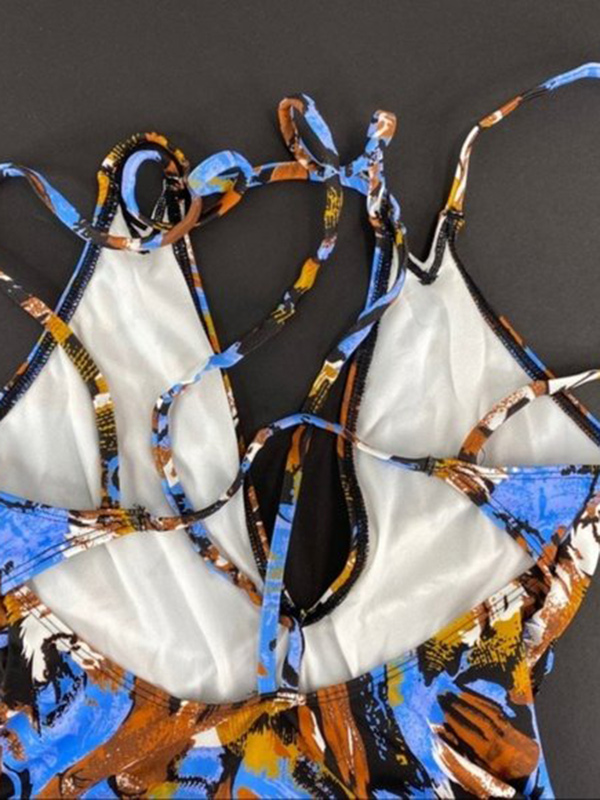 Spaghetti-Neck Deep V-Neck Floral-Print One-Piece Swimwear