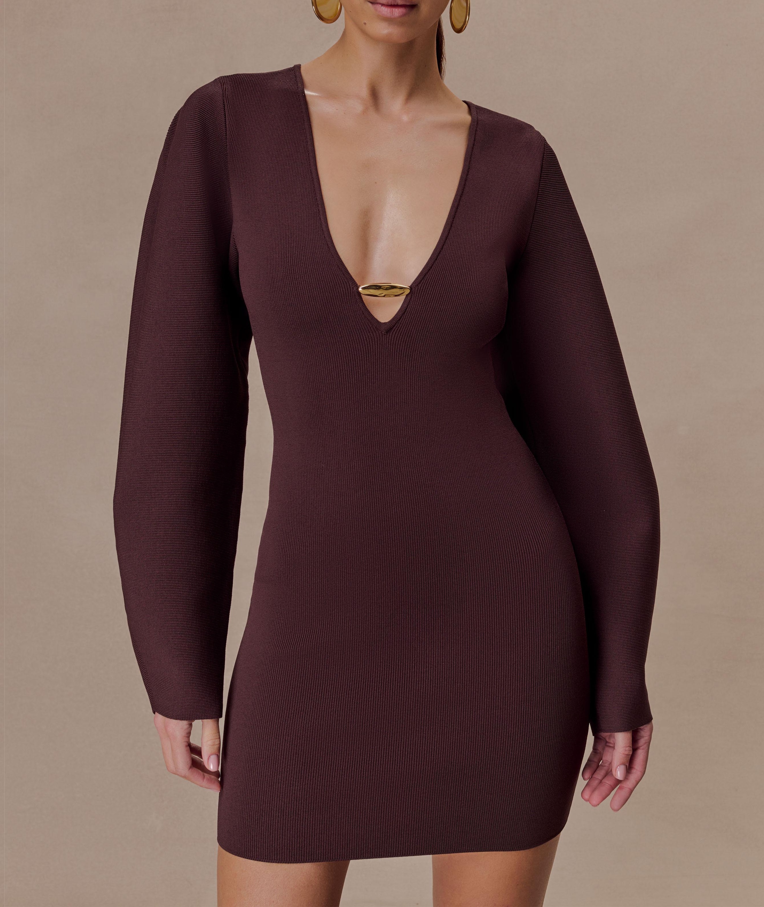 Chocolate Balloon Sleeve Knit Mini Dress