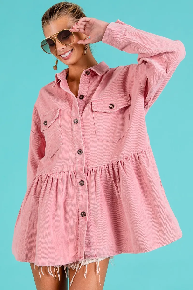 Corduroy Ruffle Peplum Button Up Shirt
