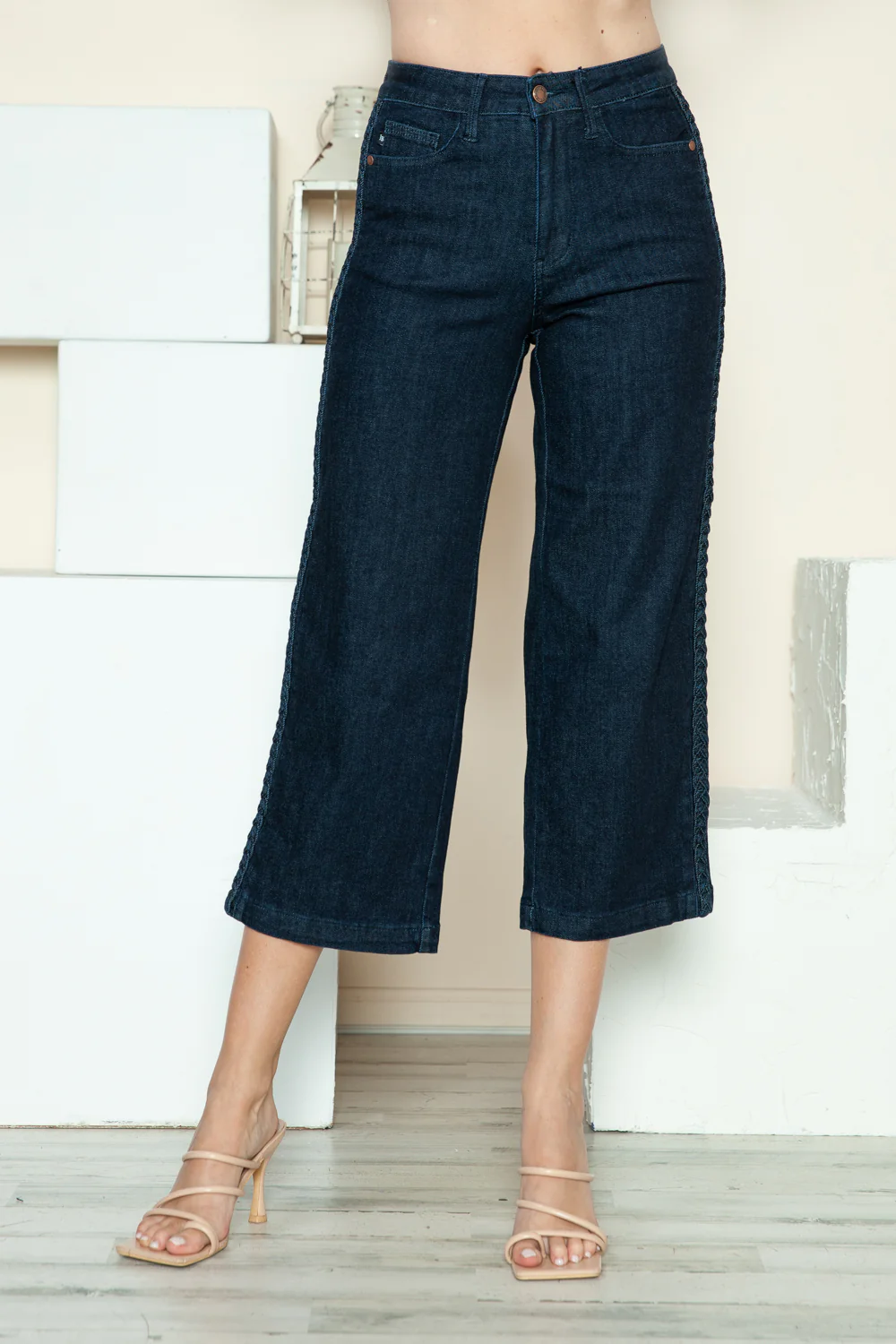Blue Full Size Side Seam Braid Detail Crop Wide Leg Jeans